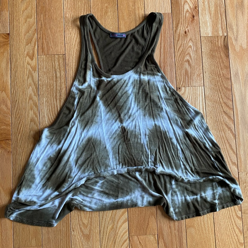 Army green-brown tie-dye loose cutout tank top